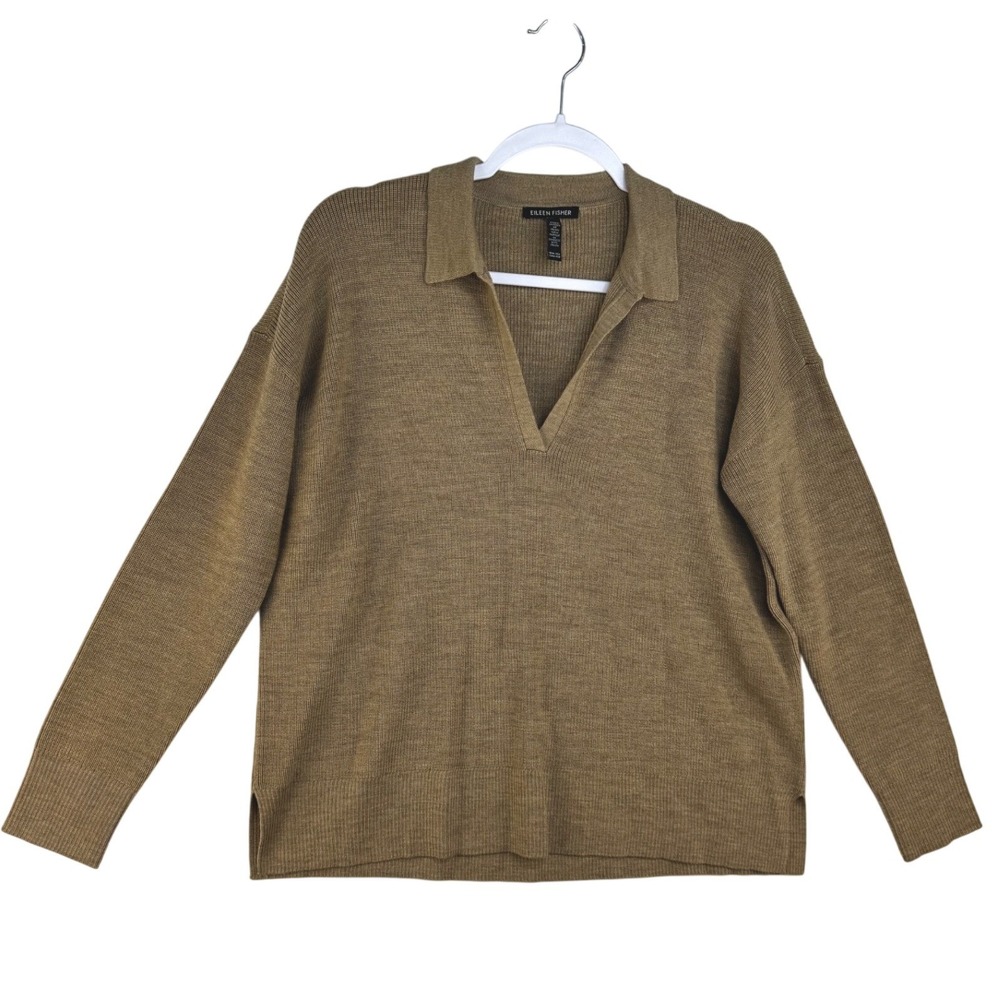 Eileen Fisher Extra Fine Merino Wool Polo Sweater Olive Brown XXS Italian Yarn